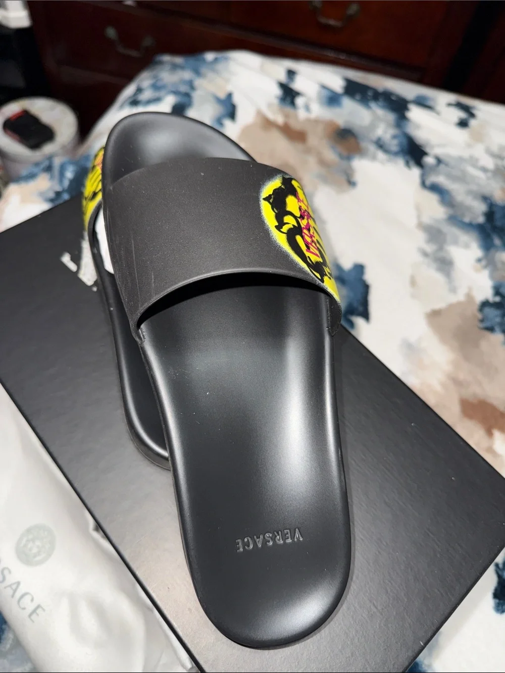 Versace Black Slides with Yellow Medusa Graphic and Pink Accent